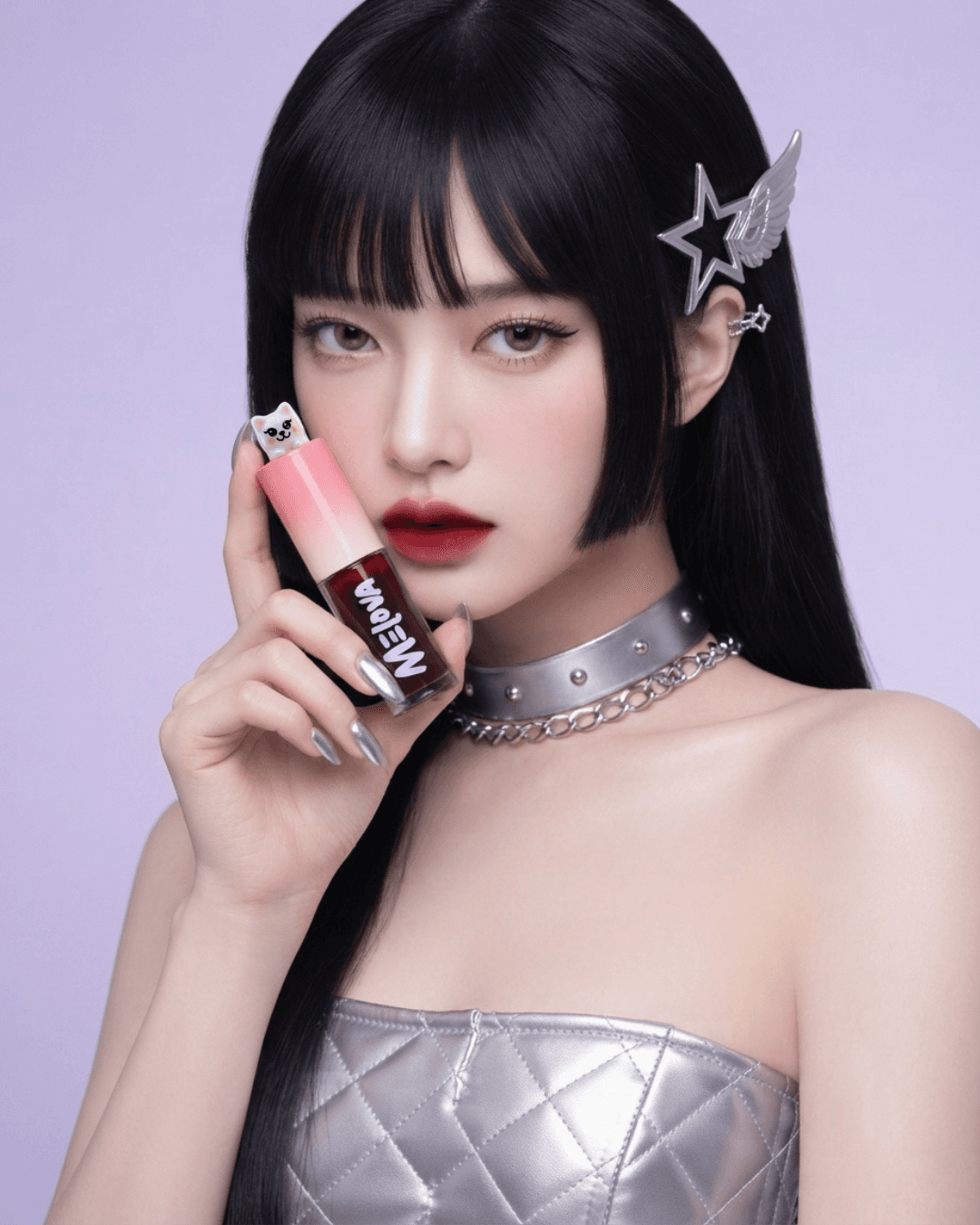Model wearing Melova Scarlet Mist lip tint