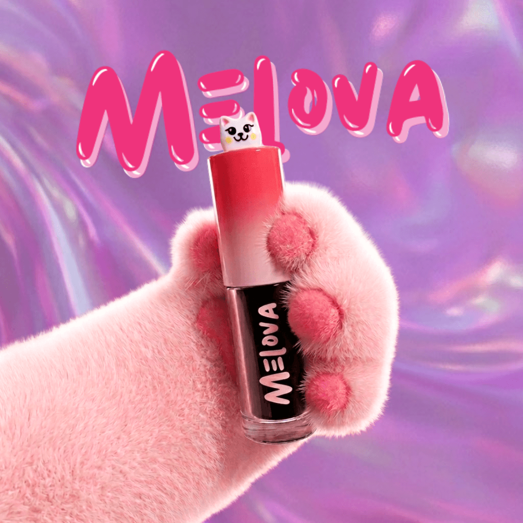 Melova cat mascot holding a lipstick